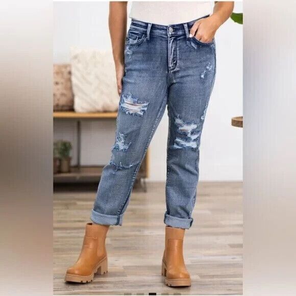 Judy Blue Boyfriend‎ Jeans Womens 7/28 Blue Mid Rise Denim Distressed Destroyed - Picture 1 of 12
